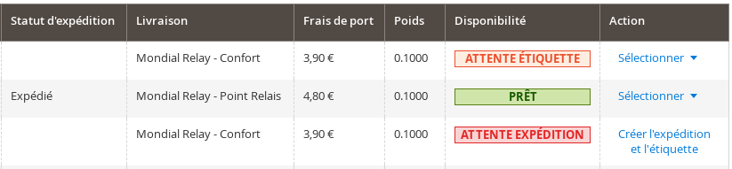 Mondial Relay order actions