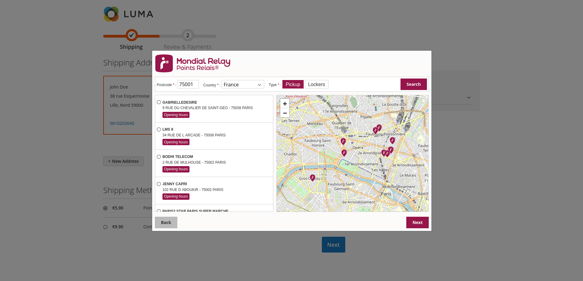 Sélection du Point Relais® dans le tunnel de commande