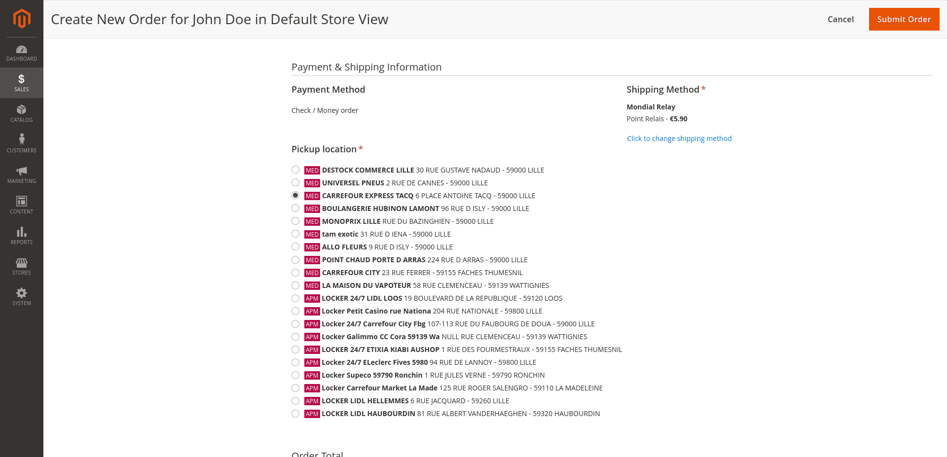 Sélection du Point Relais® dans le tunnel de commande de l'administration