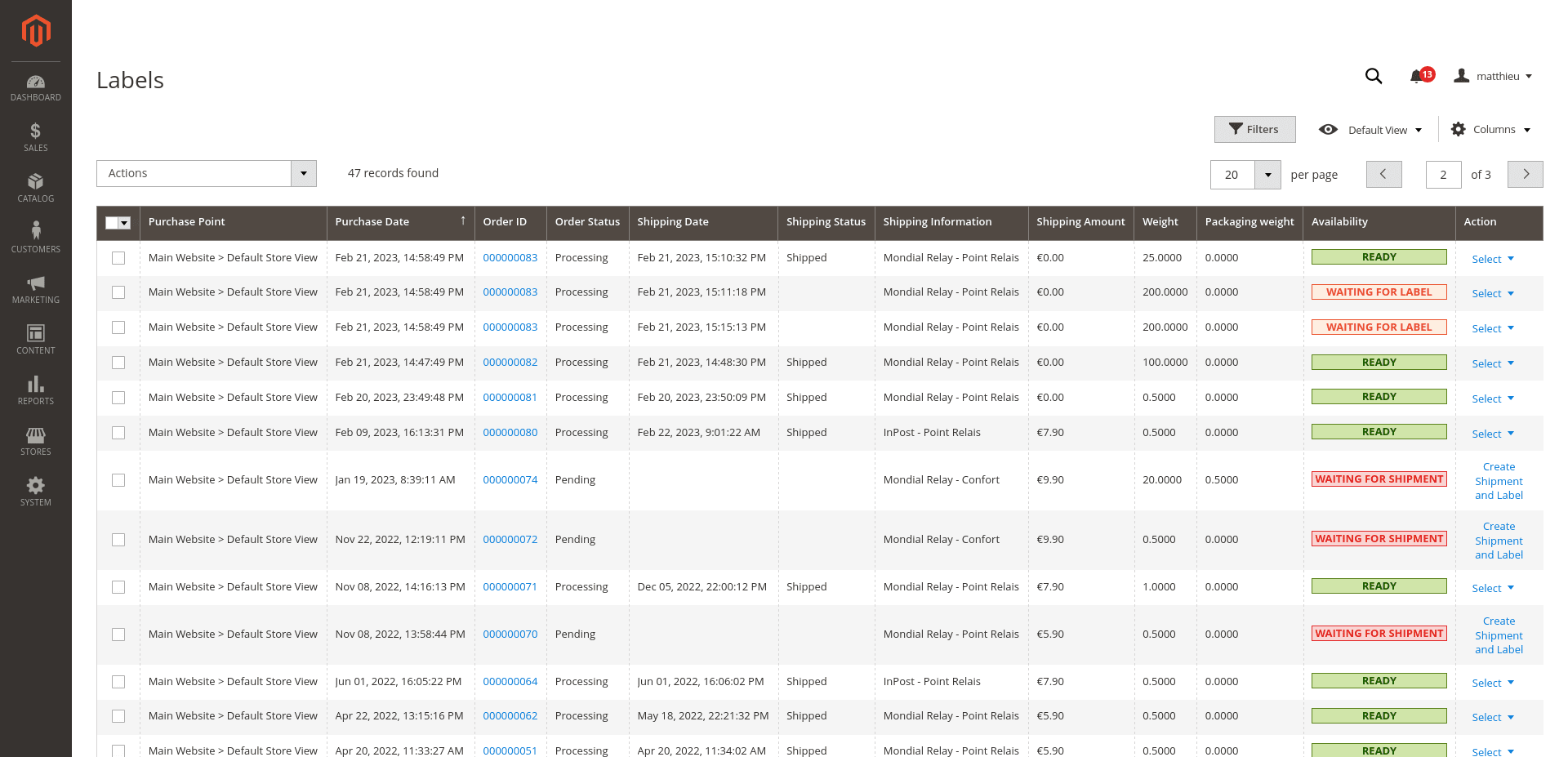 Grille de gestion des expéditions et étiquettes